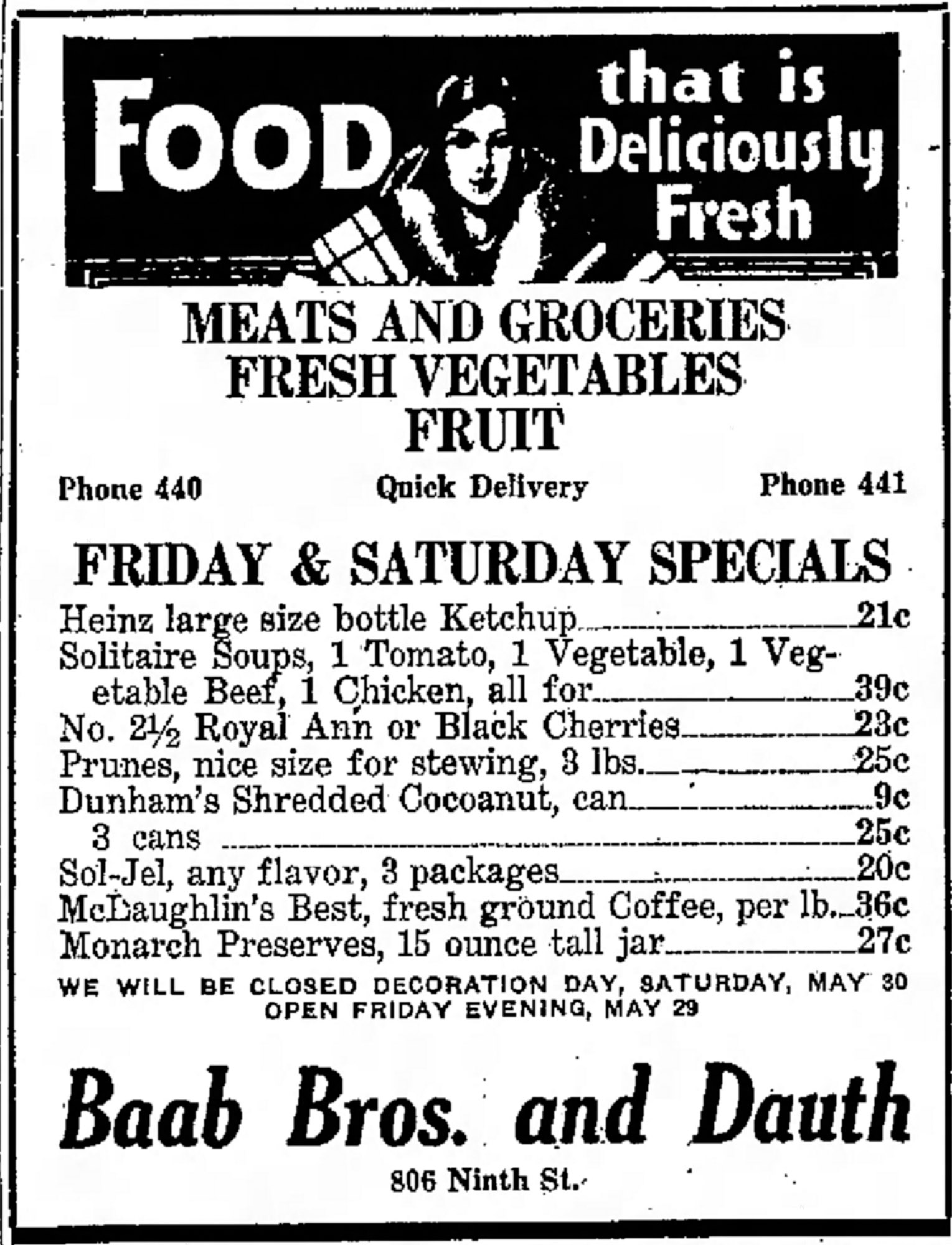Dauth Family Archive - 1931-05-22 - Greeley Daily Tribune - Baab Bros and Dauth Advertisement