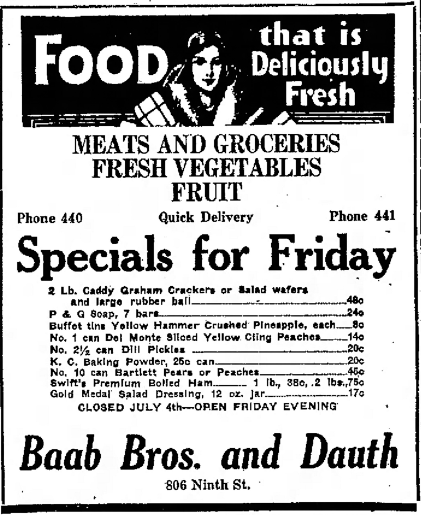 Dauth Family Archive - 1931-07-02 - Greeley Daily Tribune - Baab Bros and Dauth Advertisement