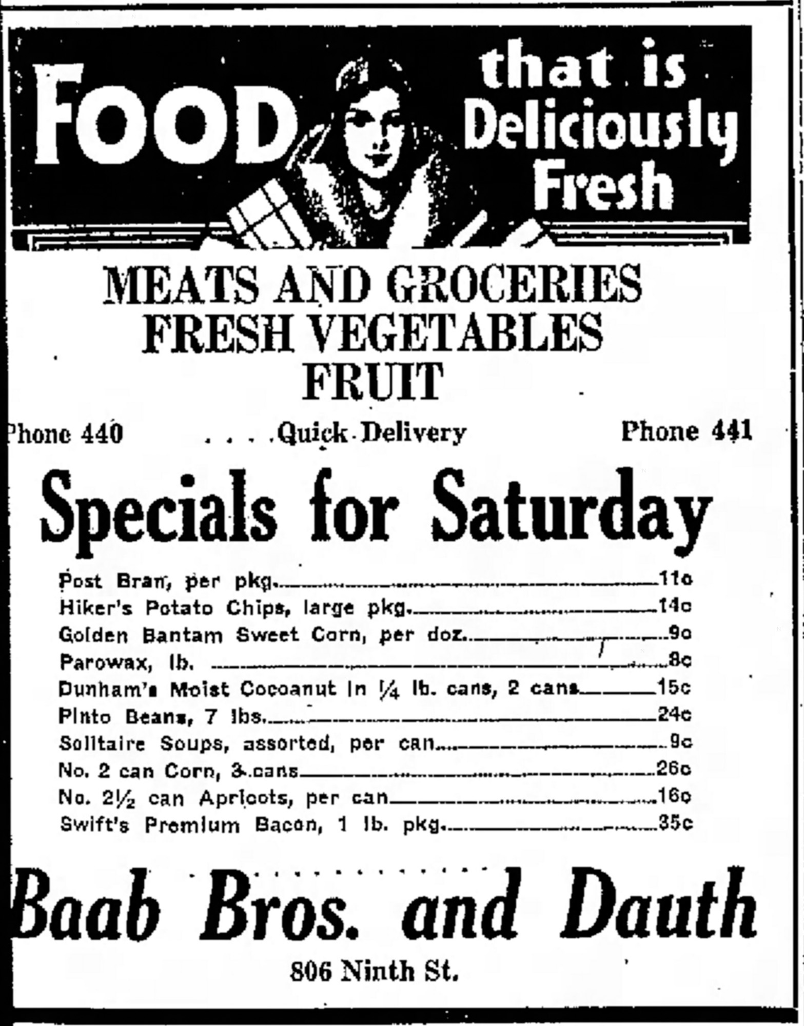 Dauth Family Archive - 1931-08-07 - Greeley Daily Tribune - Baab Bros and Dauth Advertisement