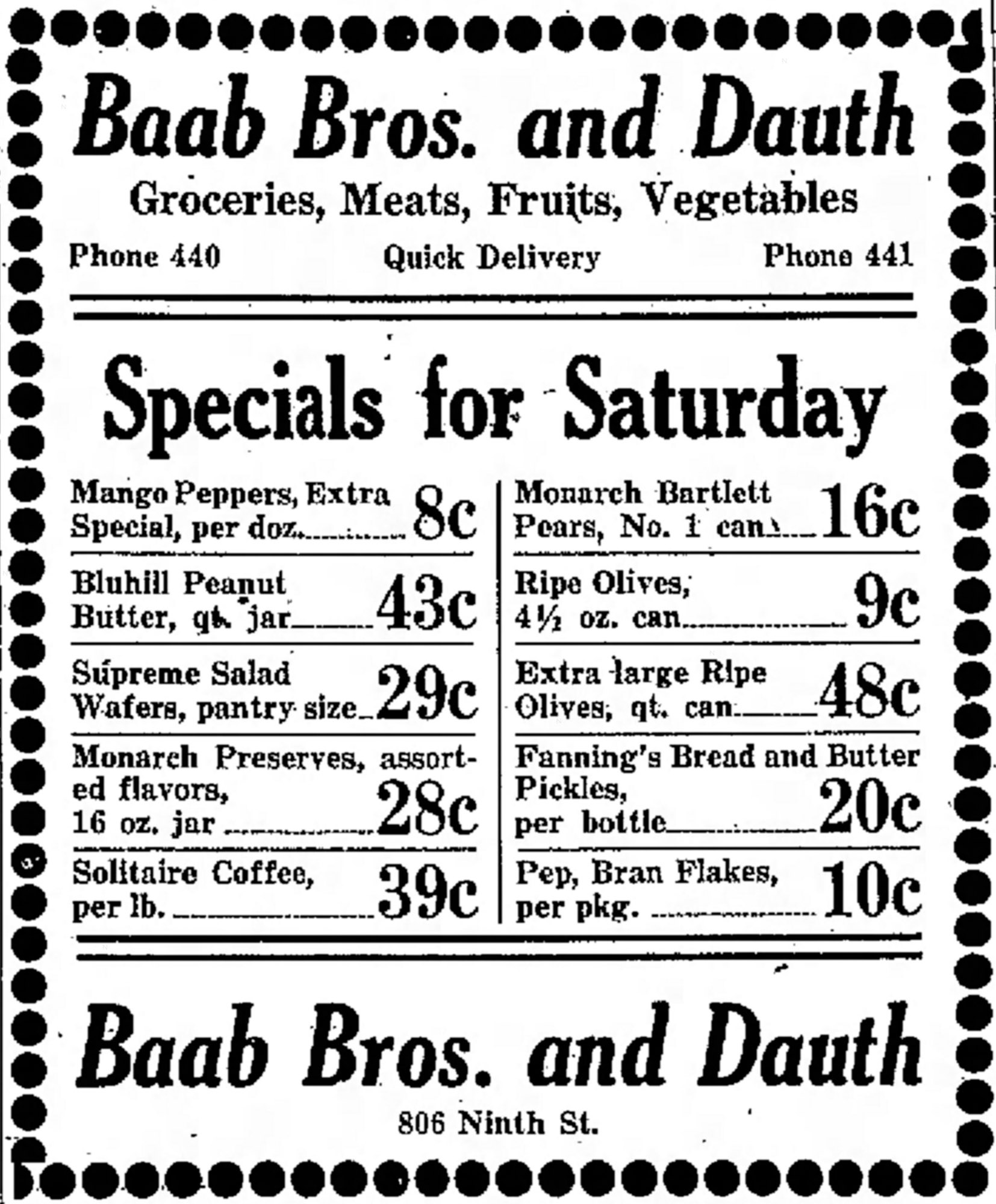 Dauth Family Archive - 1931-08-14 - Greeley Daily Tribune - Baab Bros and Dauth Advertisement
