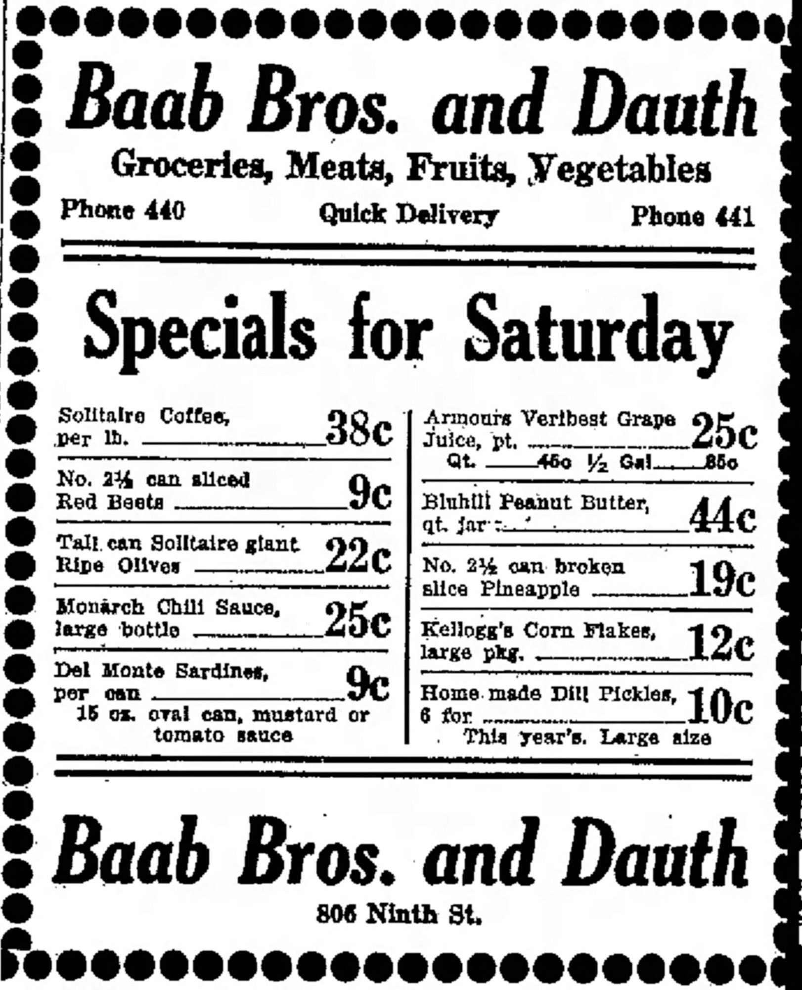 Dauth Family Archive - 1931-08-28 - Greeley Daily Tribune - Baab Bros and Dauth Advertisement