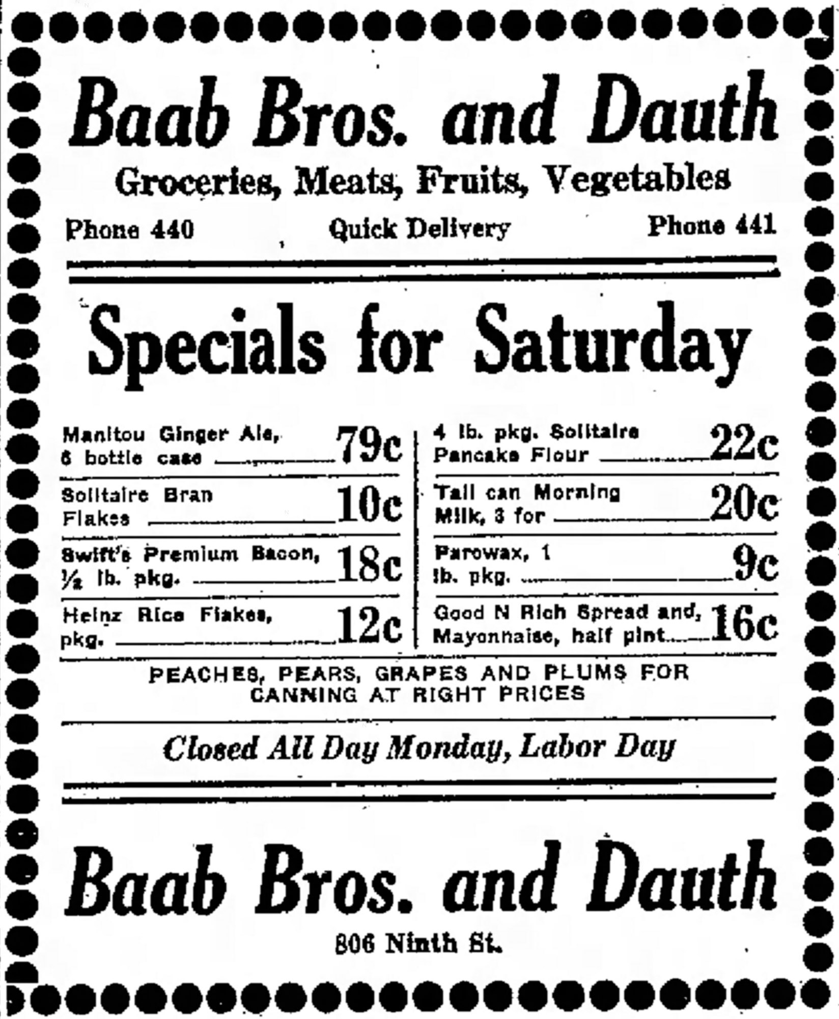 Dauth Family Archive - 1931-09-04 - Greeley Daily Tribune - Baab Bros and Dauth Advertisement