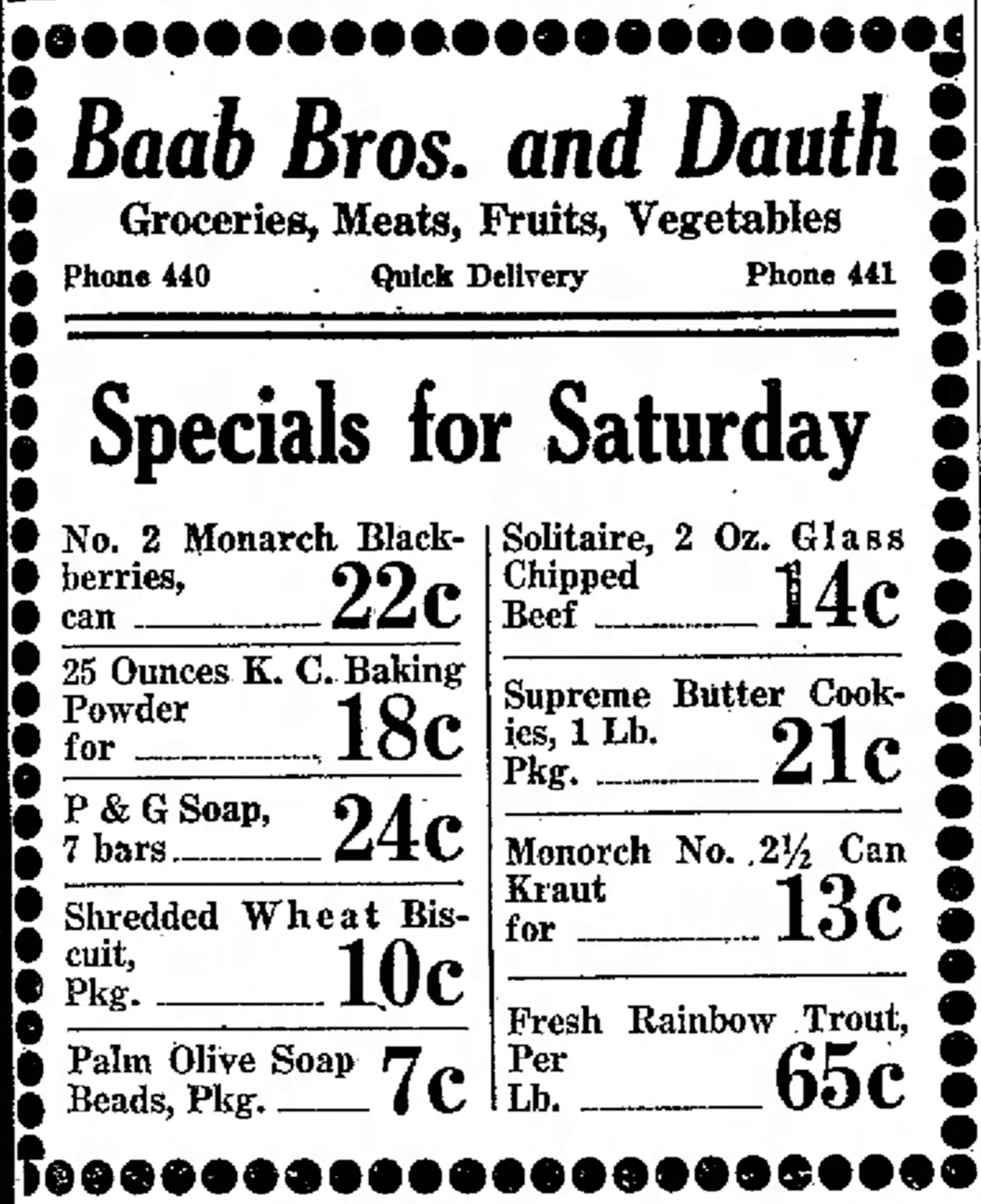 Dauth Family Archive - 1931-09-11 - Greeley Daily Tribune - Baab Bros and Dauth Advertisement