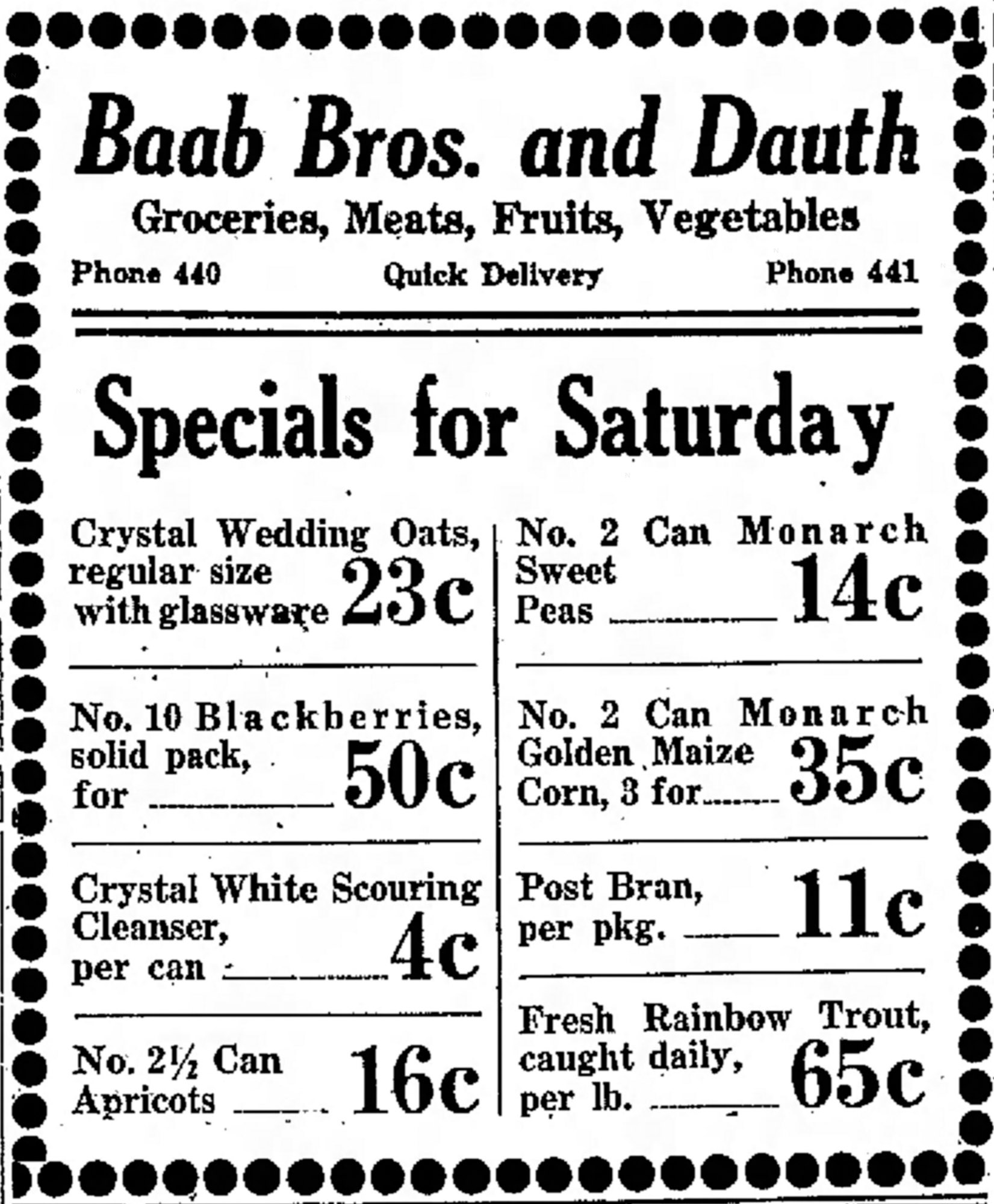 Dauth Family Archive - 1931-09-18 - Greeley Daily Tribune - Baab Bros and Dauth Advertisement