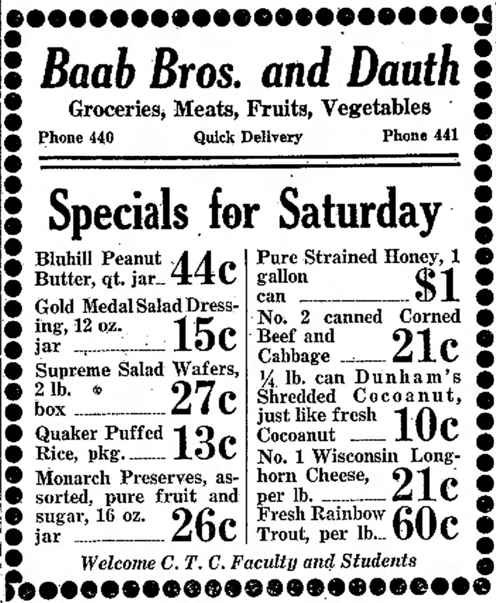 Dauth Family Archive - 1931-09-25 - Greeley Daily Tribune - Baab Bros and Dauth Advertisement