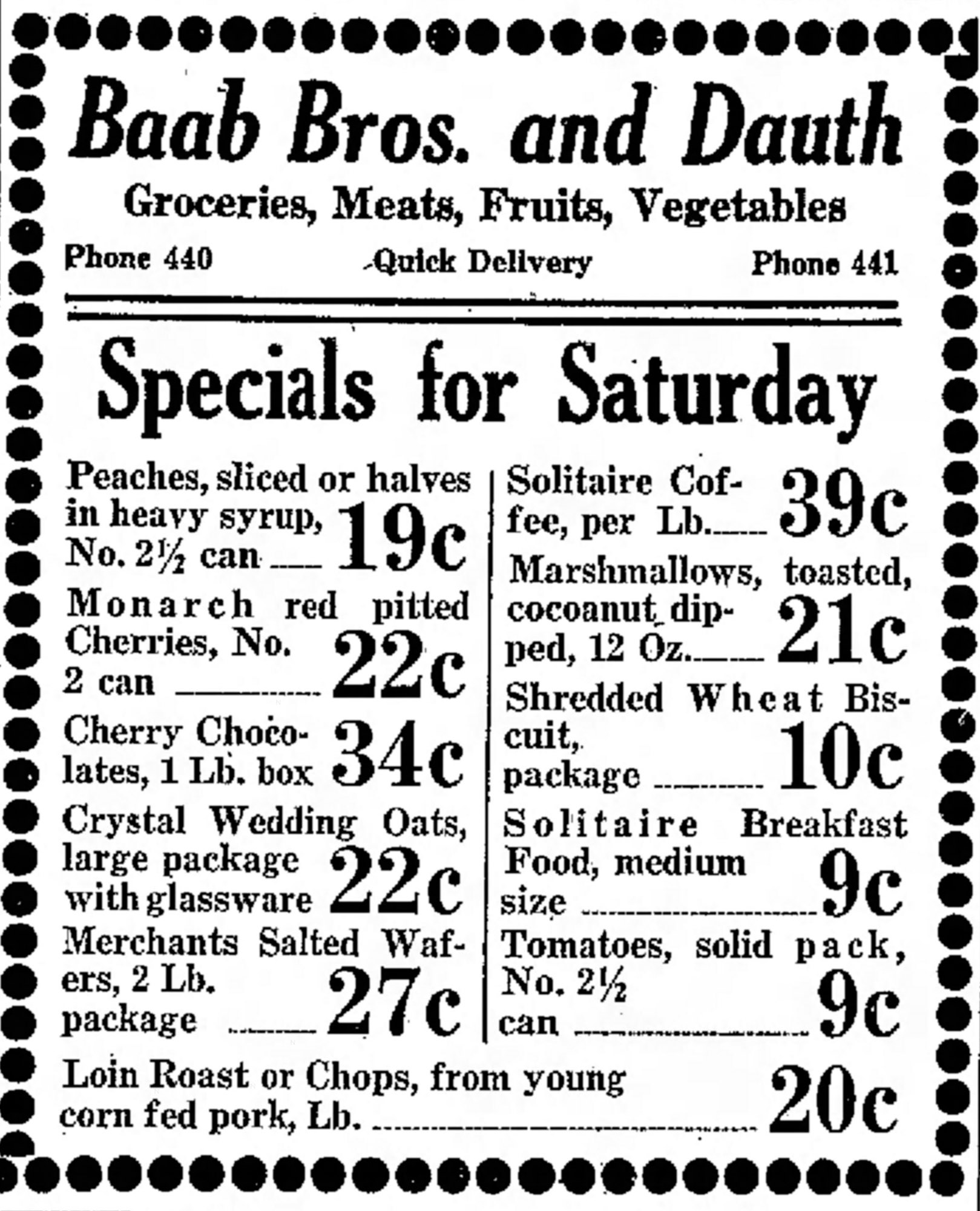 Dauth Family Archive - 1931-10-23 - Greeley Daily Tribune - Baab Bros and Dauth Advertisement