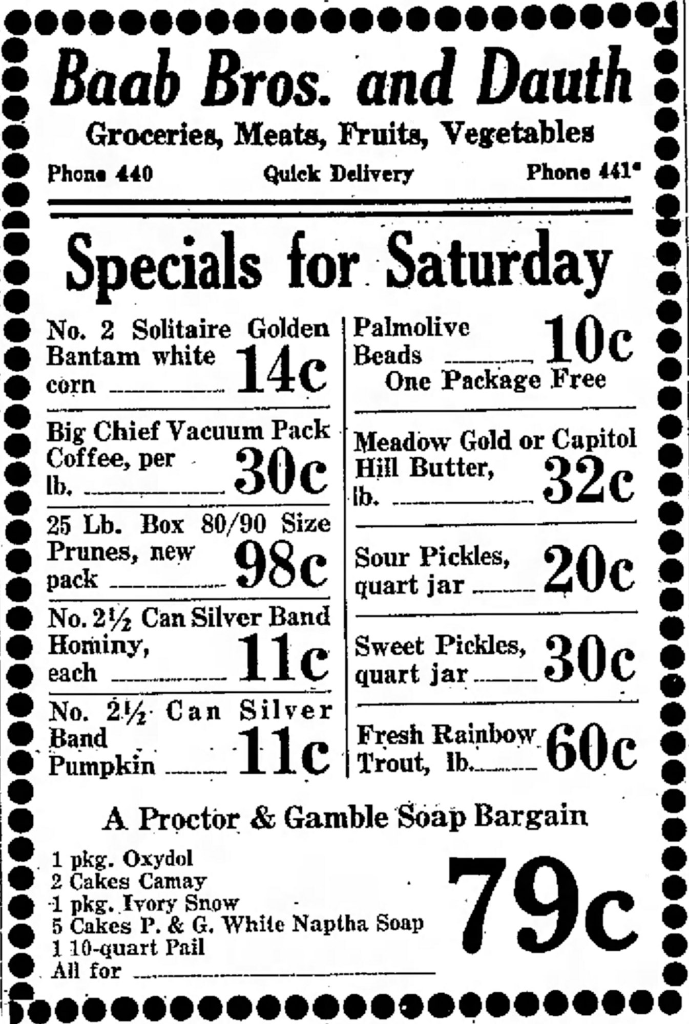 Dauth Family Archive - 1931-11-06 - Greeley Daily Tribune - Baab Bros and Dauth Advertisement