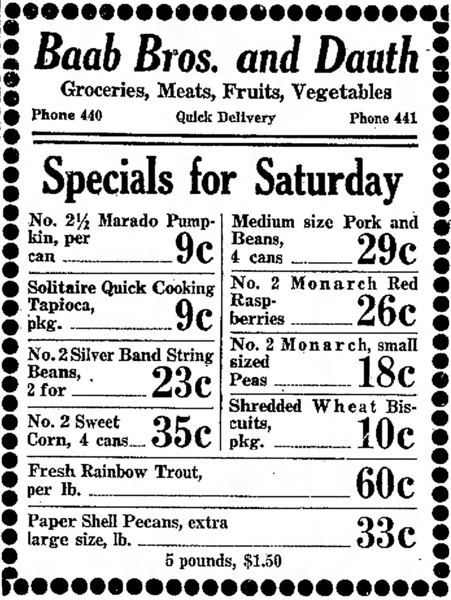 Dauth Family Archive - 1931-11-20 - Greeley Daily Tribune - Baab Bros and Dauth Advertisement