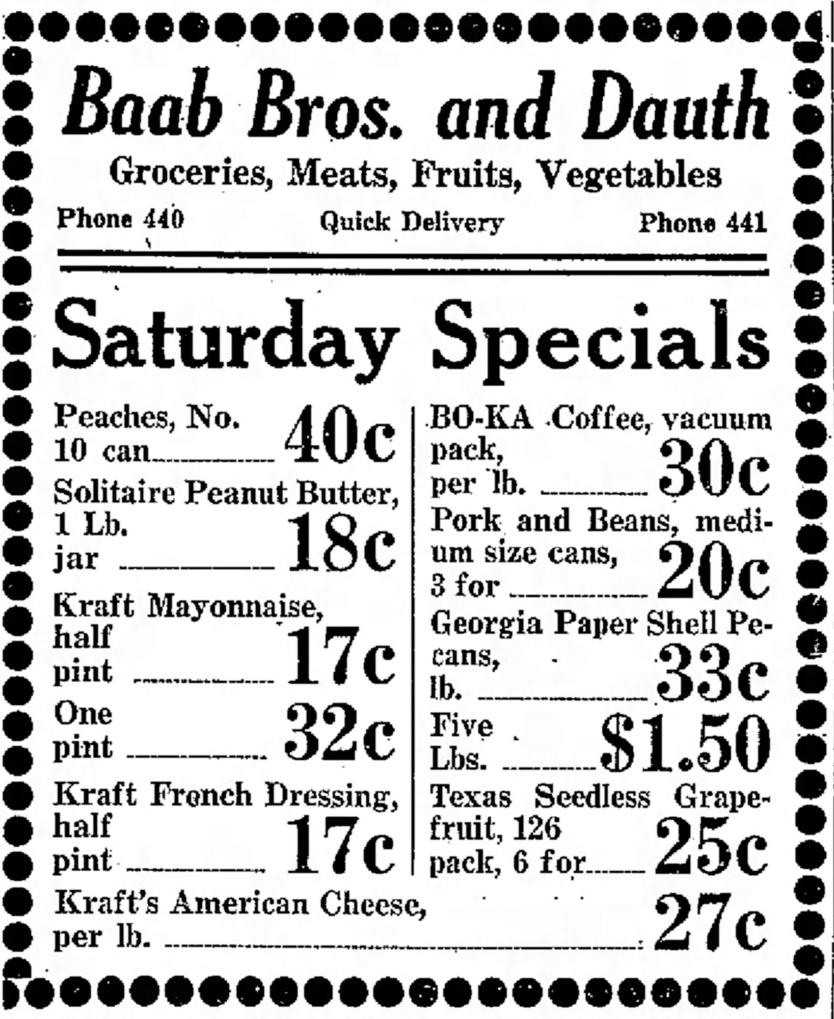 Dauth Family Archive - 1931-12-04 - Greeley Daily Tribune - Baab Bros and Dauth Advertisement