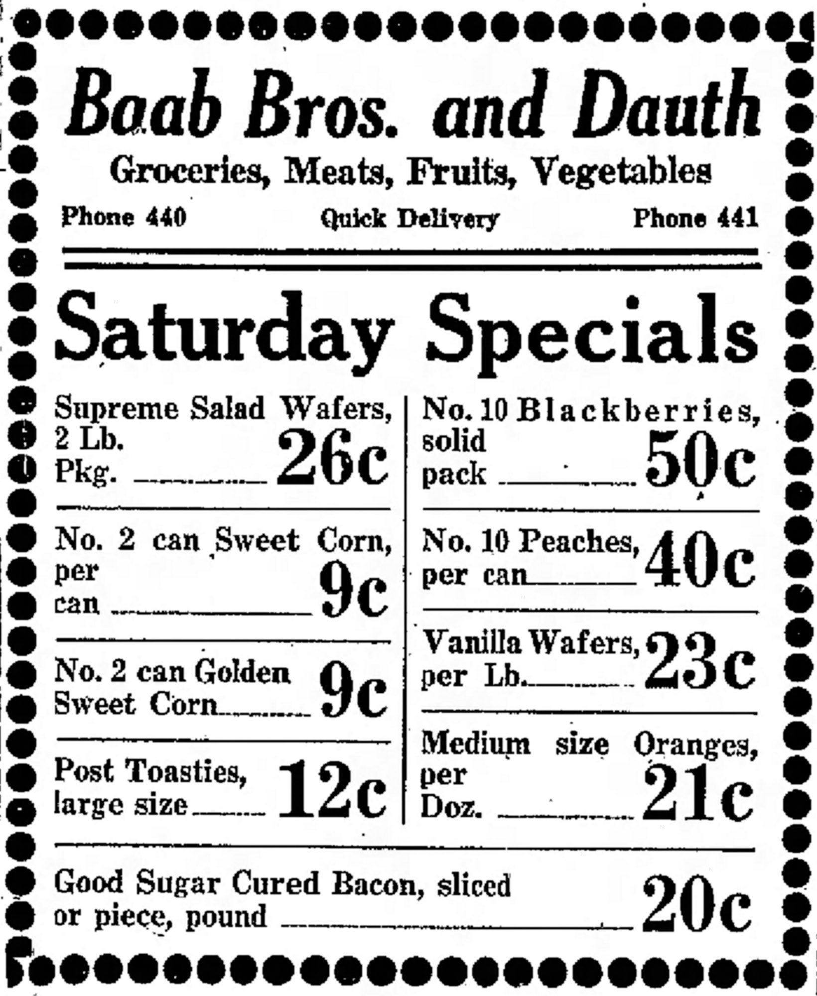Dauth Family Archive - 1931-12-11 - Greeley Daily Tribune - Baab Bros and Dauth Advertisement