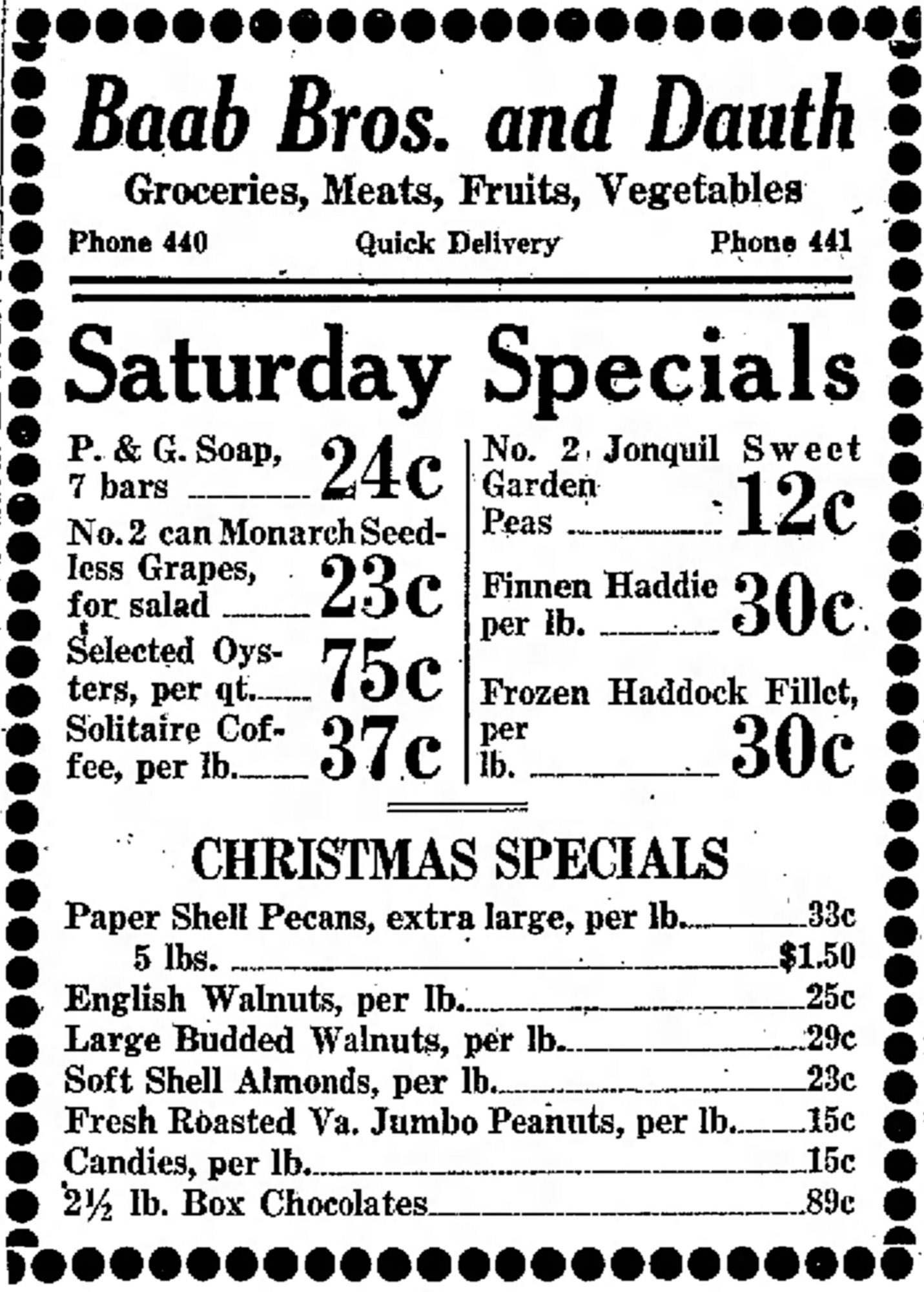 Dauth Family Archive - 1931-12-18 - Greeley Daily Tribune - Baab Bros and Dauth Advertisement