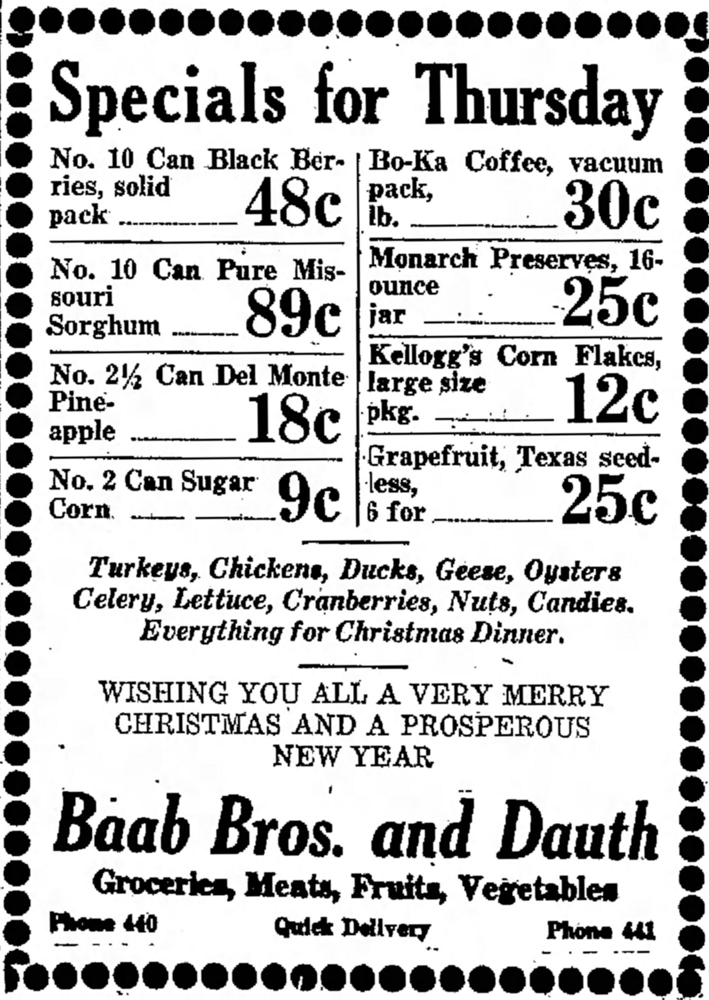 Dauth Family Archive - 1931-12-23 - Greeley Daily Tribune - Baab Bros and Dauth Advertisement