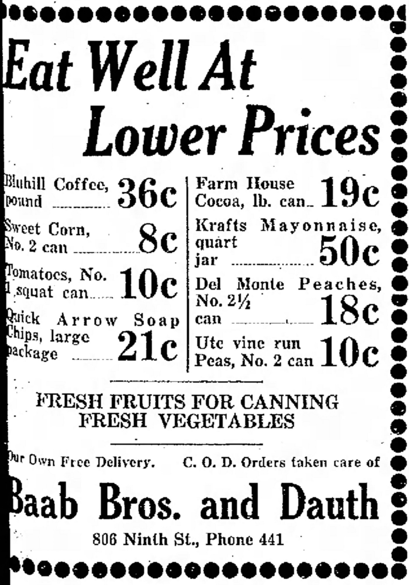 Dauth Family Archive - 1932-07-21 - Greeley Daily Tribune - Baab Bros and Dauth Advertisement