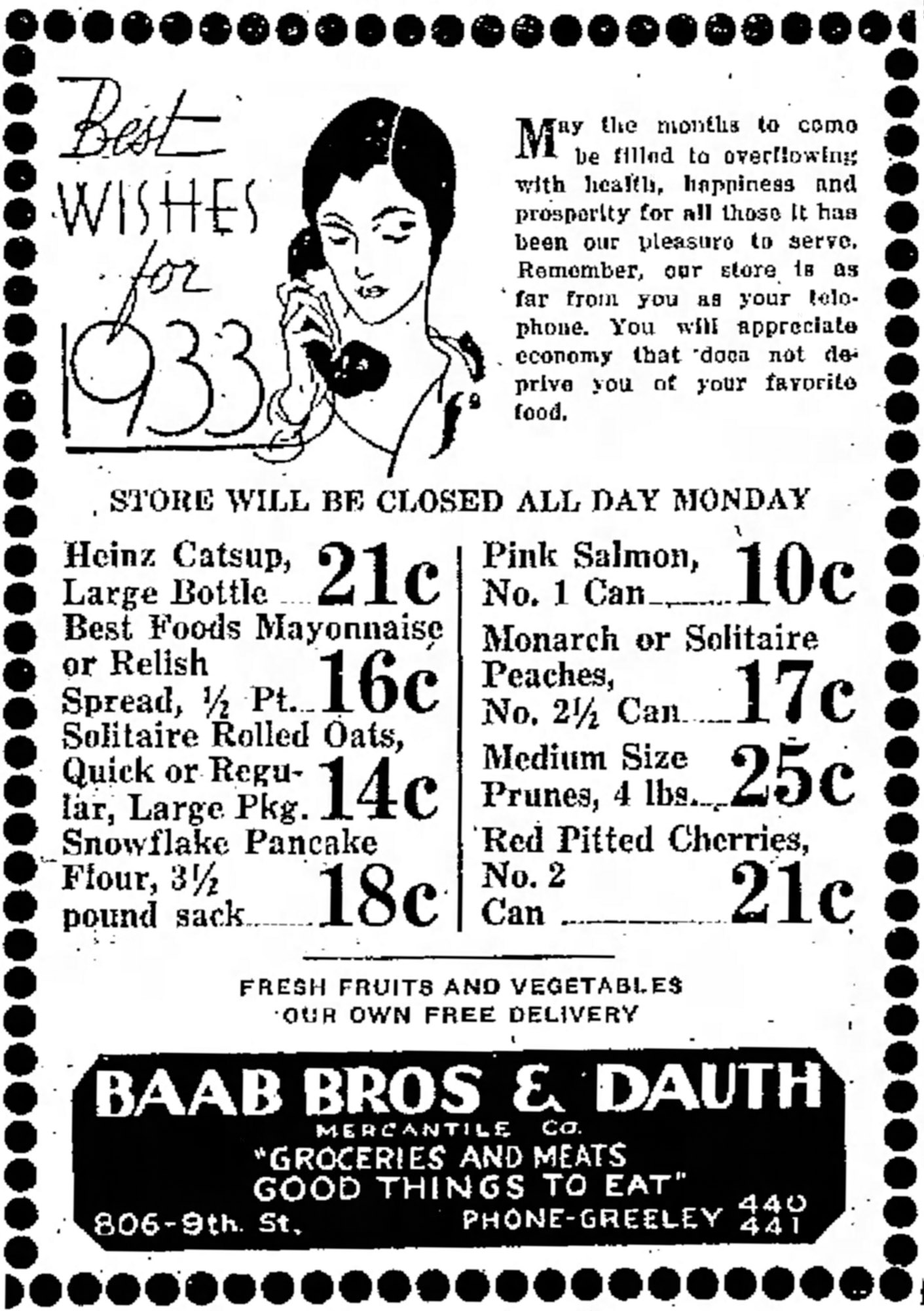 Dauth Family Archive - 1932-12-30 - Greeley Daily Tribune - Baab Bros and Dauth Advertisement