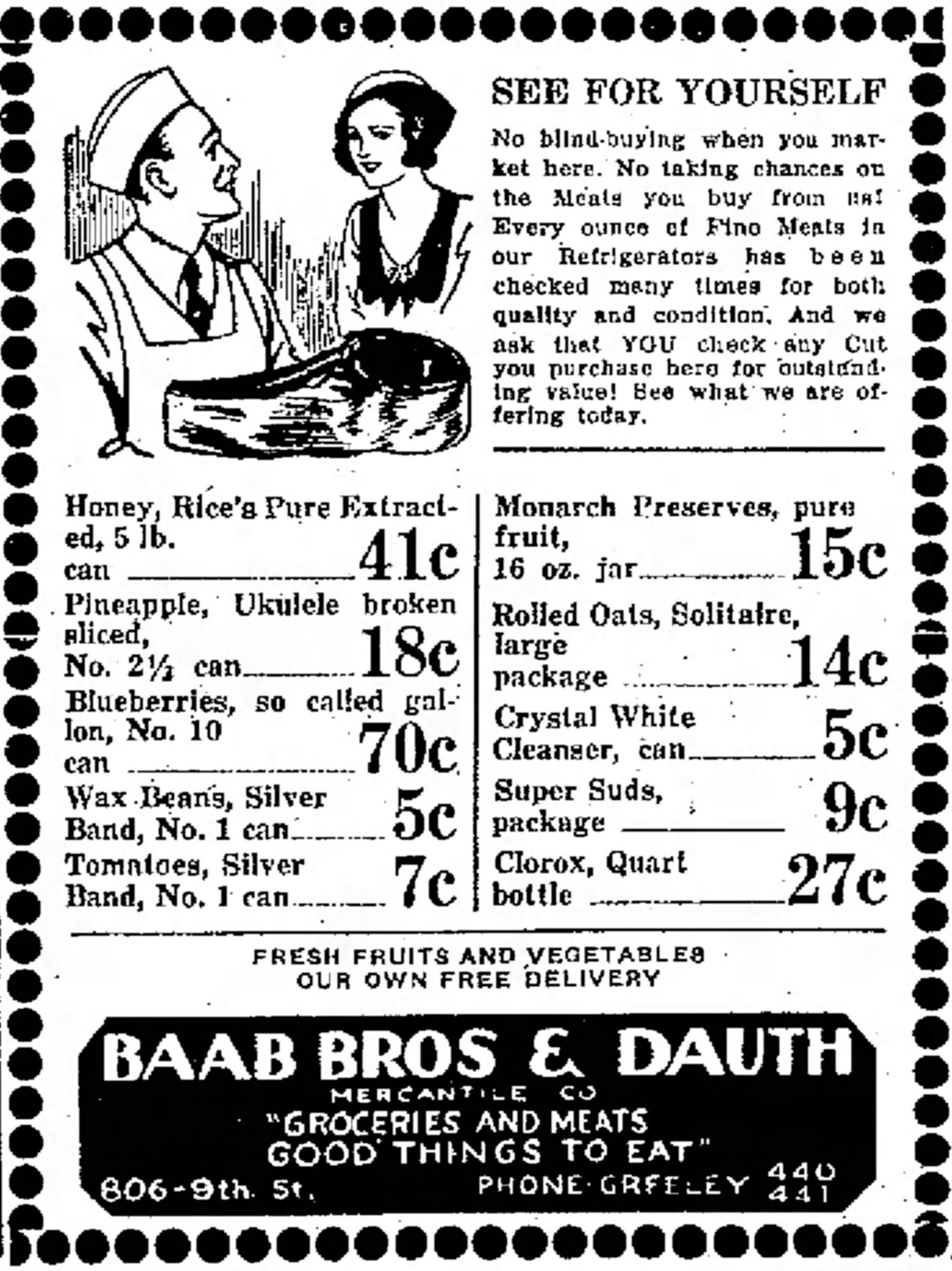 Dauth Family Archive - 1933-05-05 - Greeley Daily Tribune - Baab Bros and Dauth Advertisement