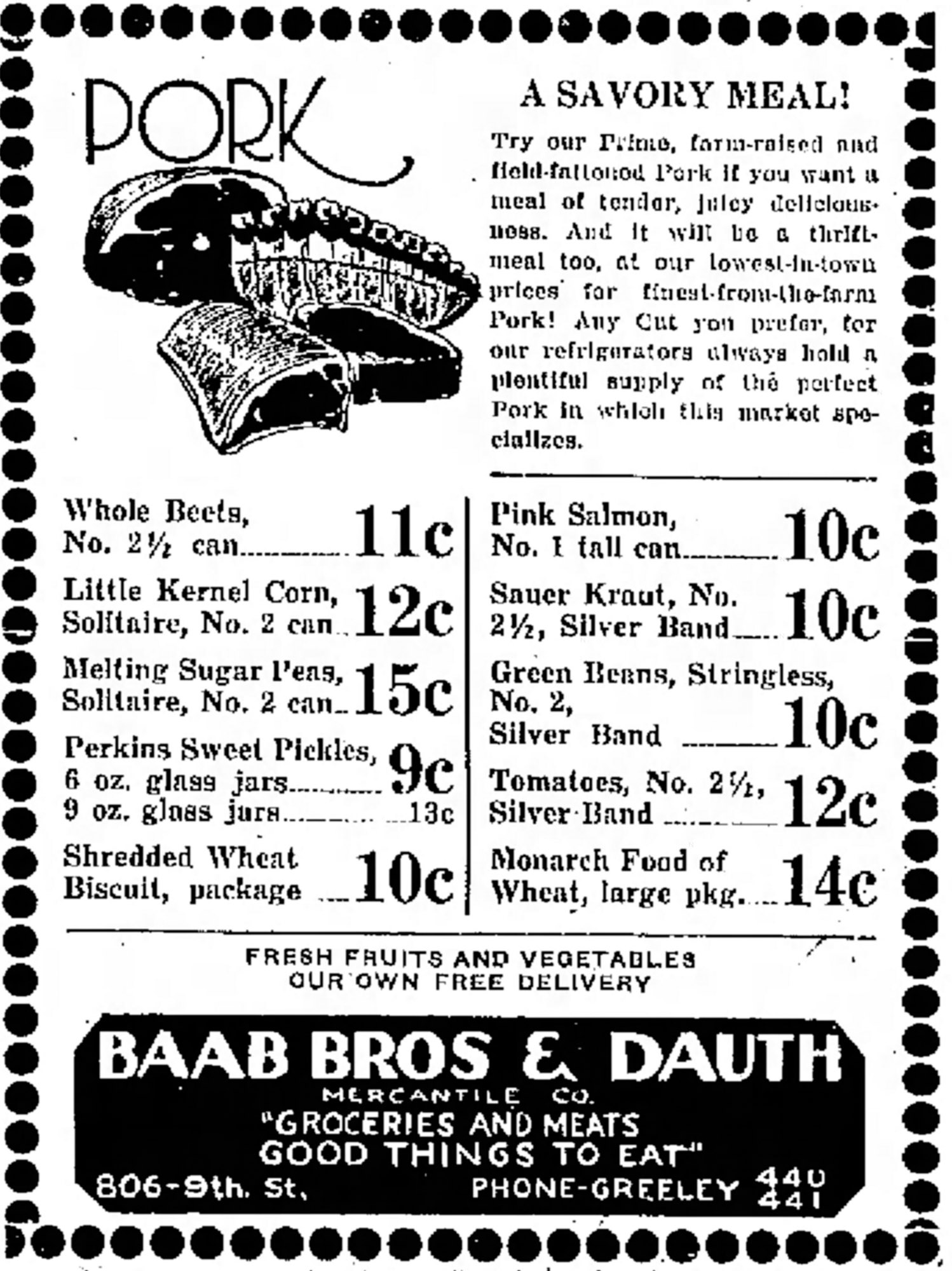 Dauth Family Archive - 1933-05-12 - Greeley Daily Tribune - Baab Bros and Dauth Advertisement