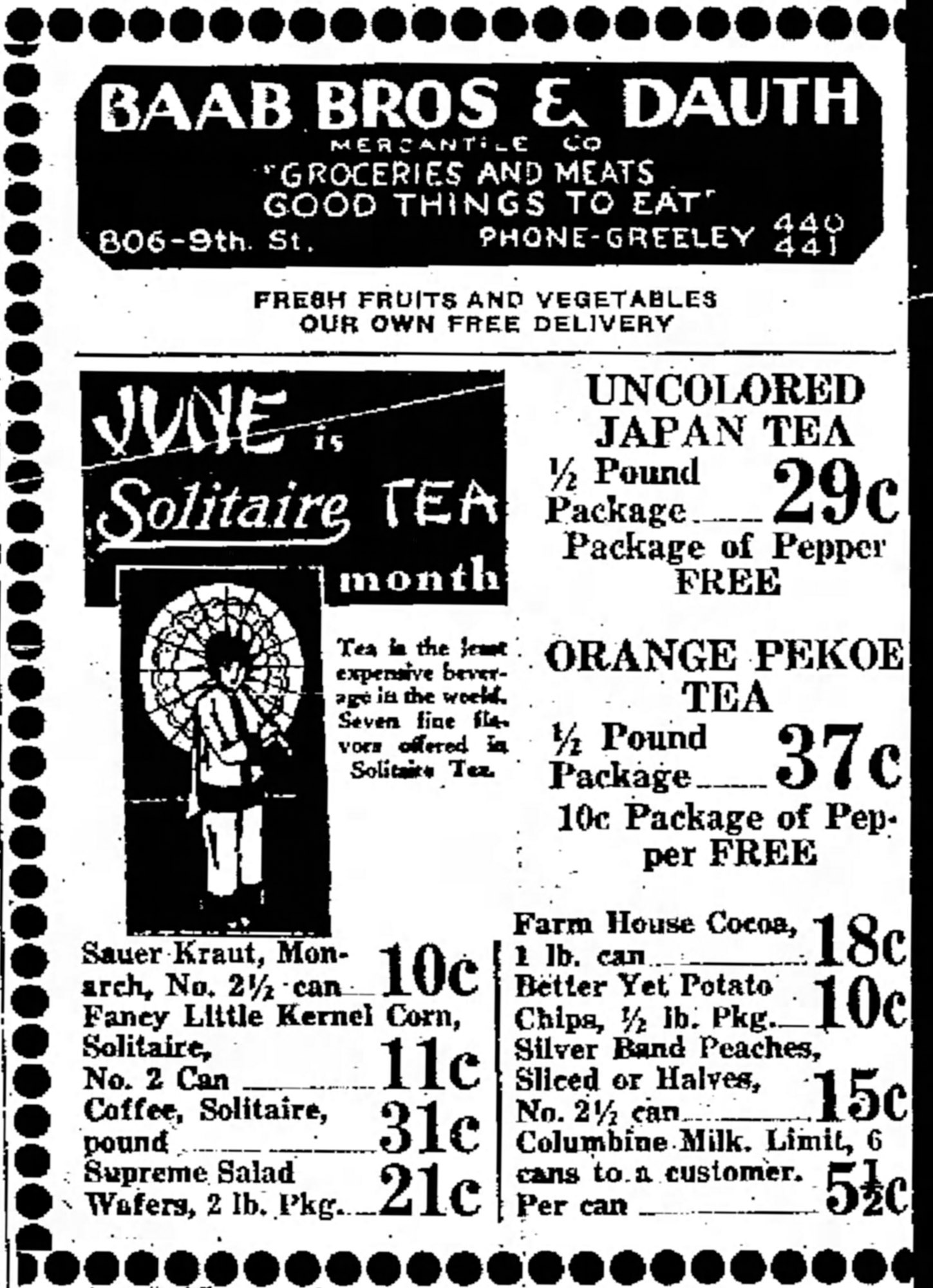 Dauth Family Archive - 1933-06-09 - Greeley Daily Tribune - Baab Bros and Dauth Advertisement