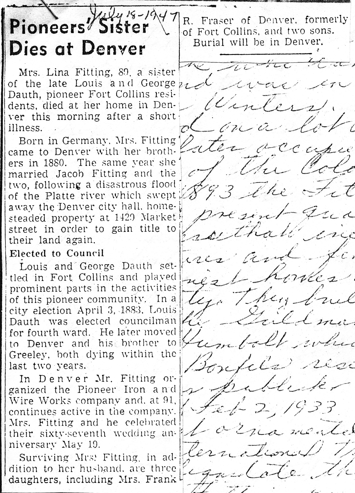 Dauth Family Archive - 1947-07-18 - Fort Collins Coloradan - Caroline Dauth Obituary