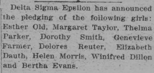 Dauth Family Archive - 1923-10-31 - The Mirror - Elizabeth Dauth Pledges To Delta Sigma Epsilon