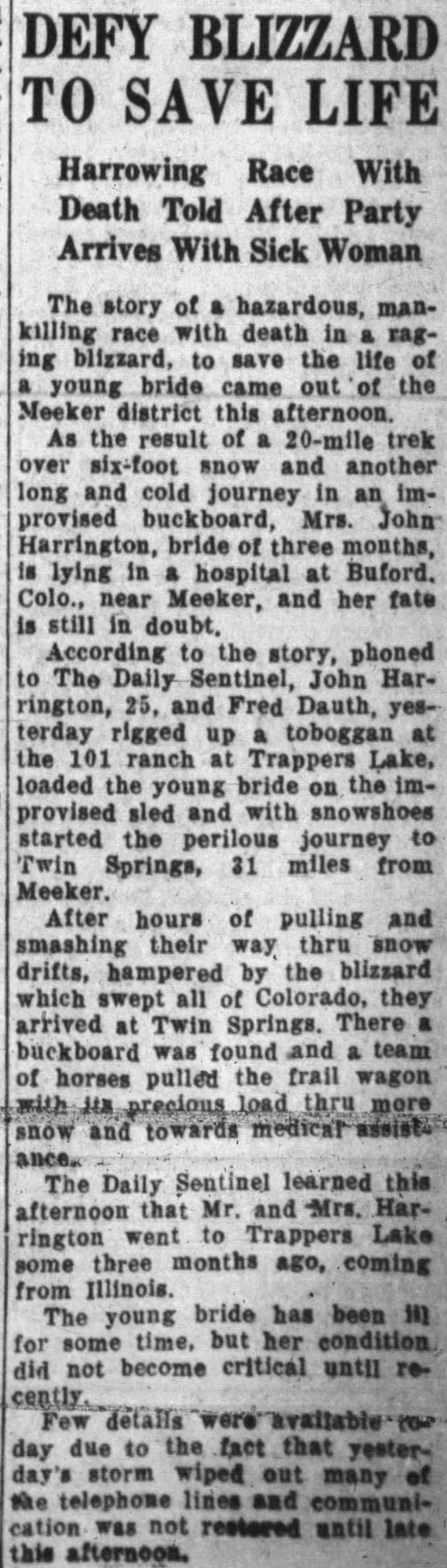 Dauth Family Archive - 1939-02-20 - The Daily Sentinel - Fred Dauth Helps Save A Sick Person During Blizzard