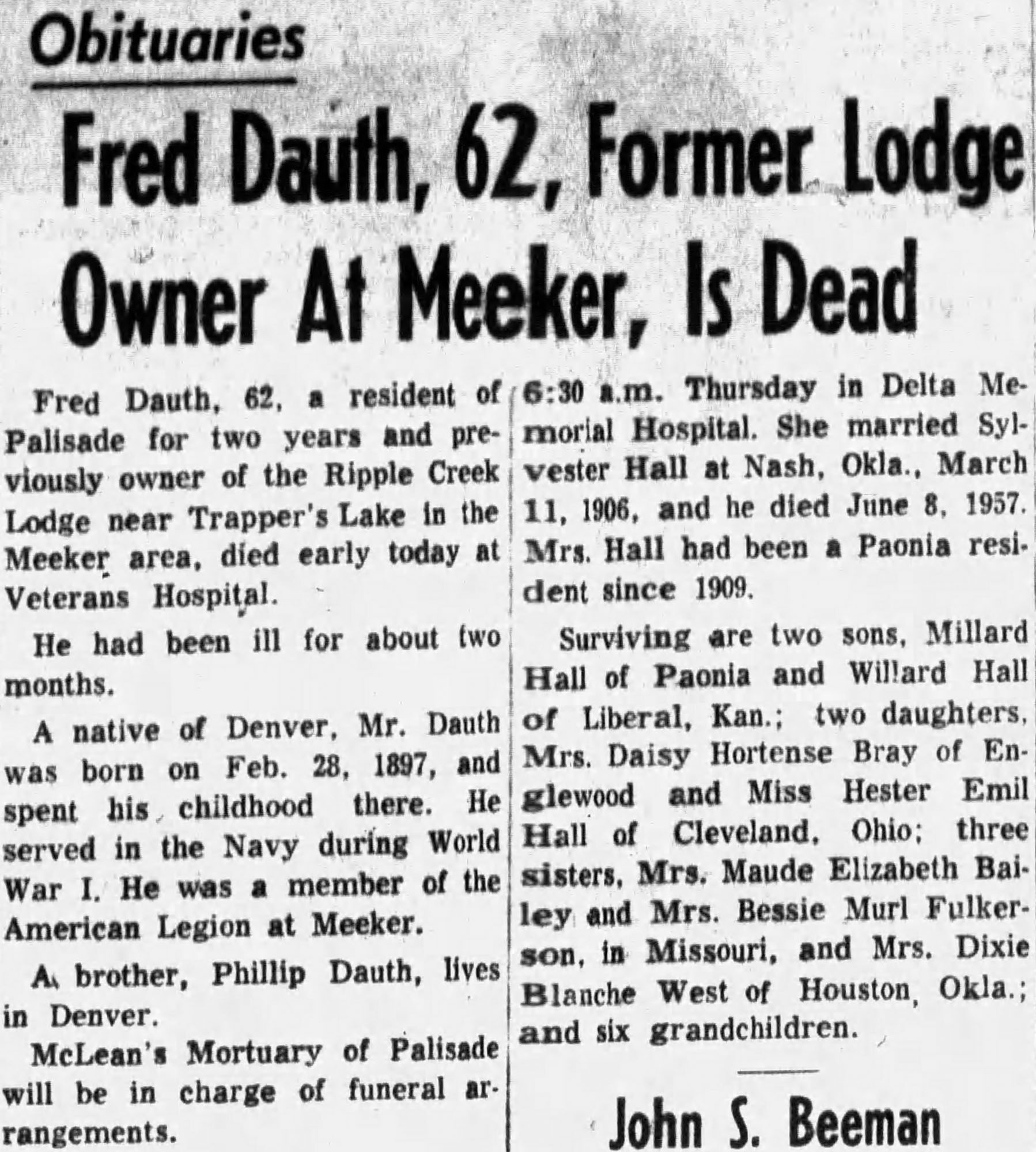 Dauth Family Archive - 1959-11-20 - The Daily Sentinel - Fred Dauth Obituary