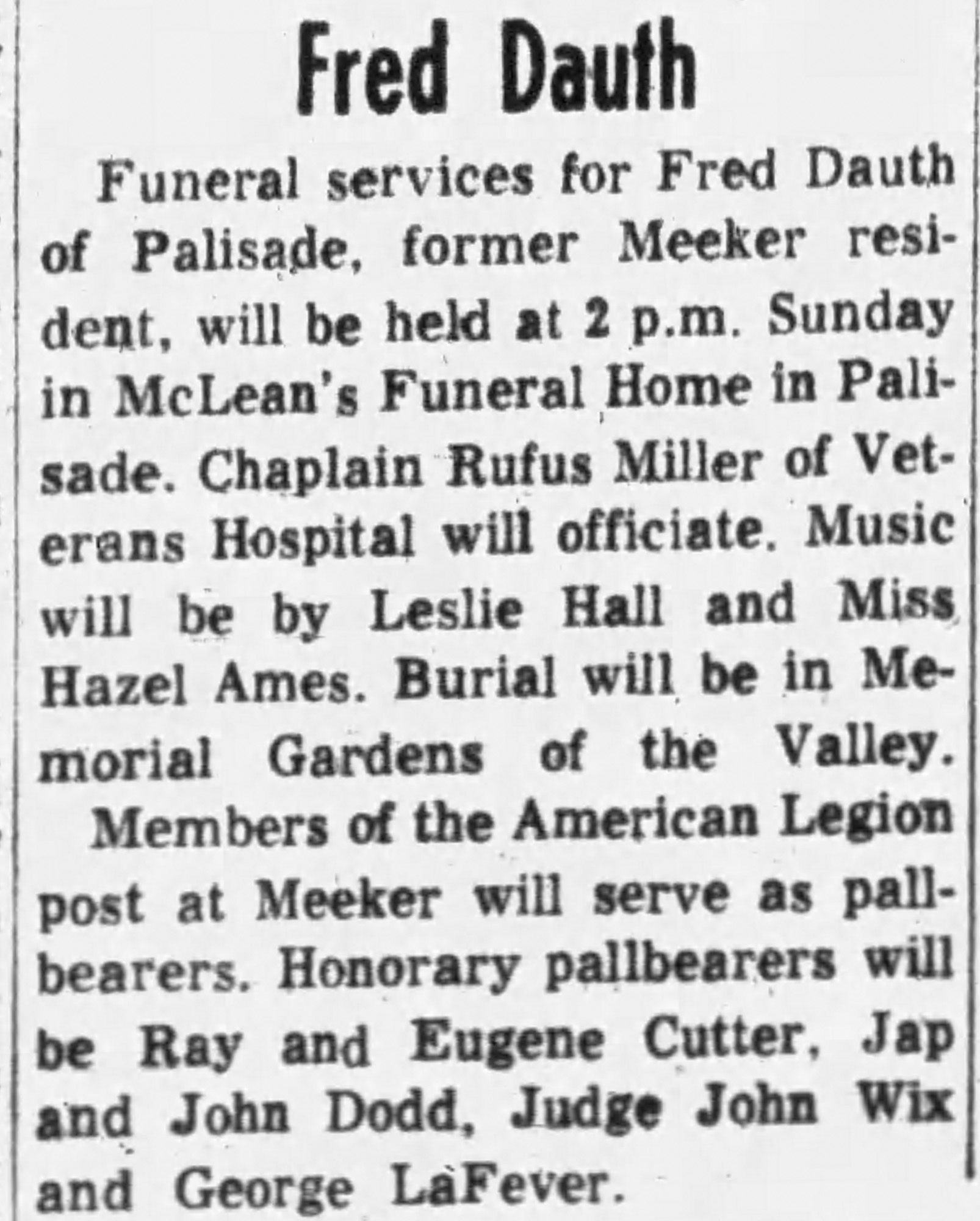 Dauth Family Archive - 1959-11-21 - The Daily Sentinel - Fred Dauth Obituary