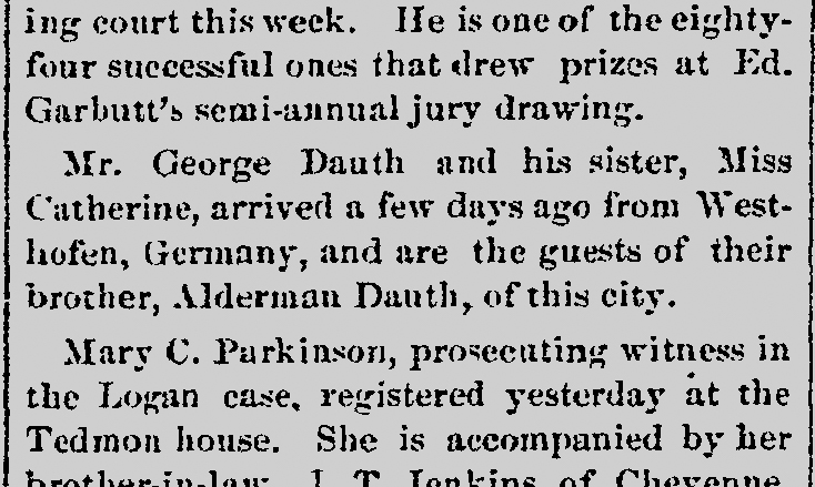 Dauth Family Archive - 1884-10-16 - Fort Collins Courier - George and Catherine Dauth's Arrival From Germany