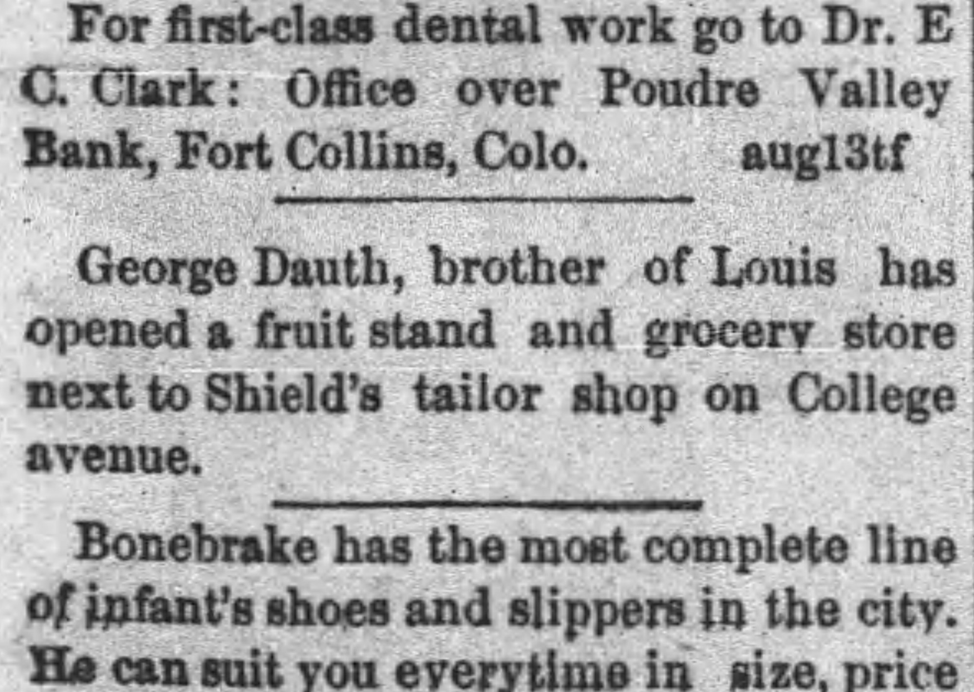 Dauth Family Archive - 1885-08-01 - The Fort Collins Express - George Dauth Opens Grocery