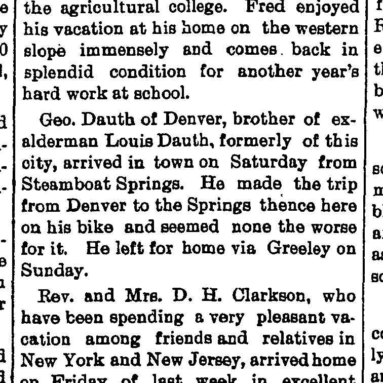 Dauth Family Archive - 1897-09-09 - Fort Collins Courier - George Dauth Motorcycle Trip