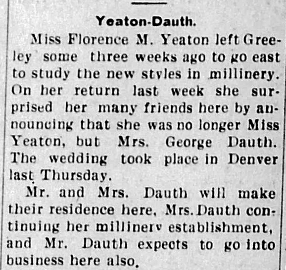 Dauth Family Archive - 1903-09-10 - The Greeley Tribune - Yeaton-Dauth Marriage