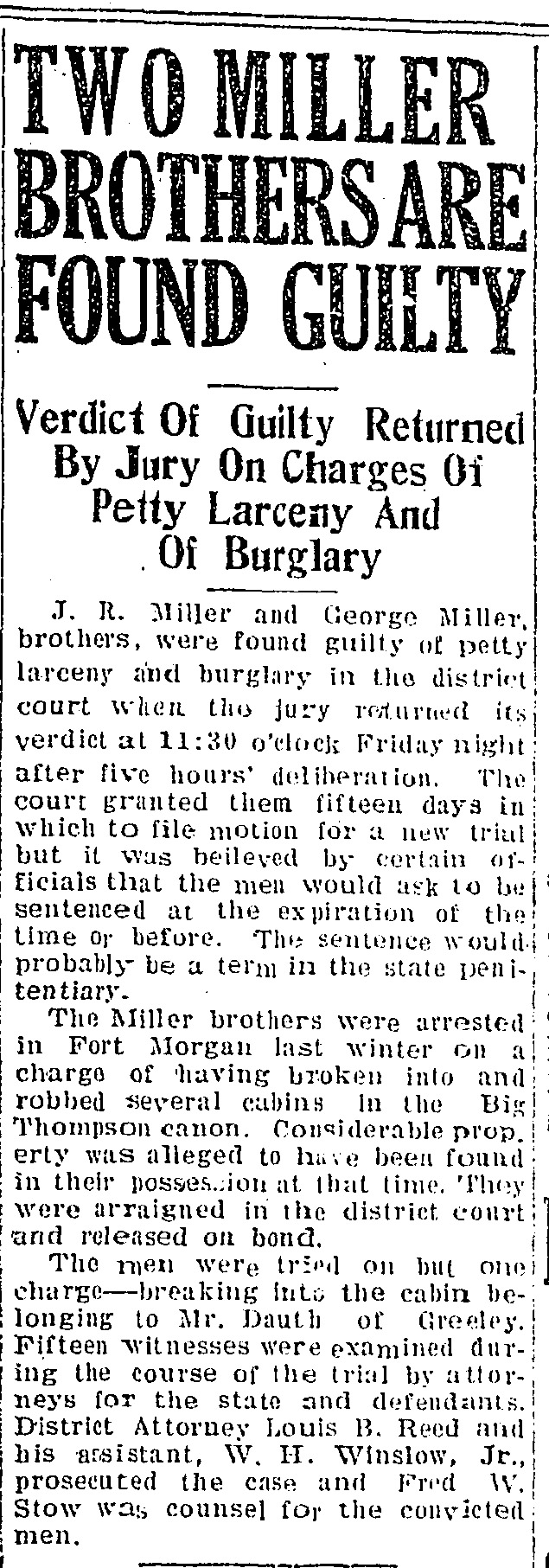 Dauth Family Archive - 1921-07-16 - Fort Collins Courier - Theft At Idlewild