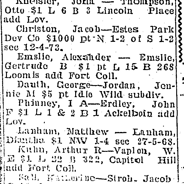 Dauth Family Archive - 1923-04-27 - Fort Collins Courier - George Dauth Sells Land To Jennie Jordan