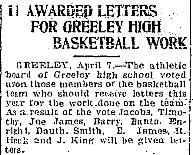 Dauth Family Archive - 1921-04-07 - Fort Collins Courier - June Dauth Receives Letter For Basketball