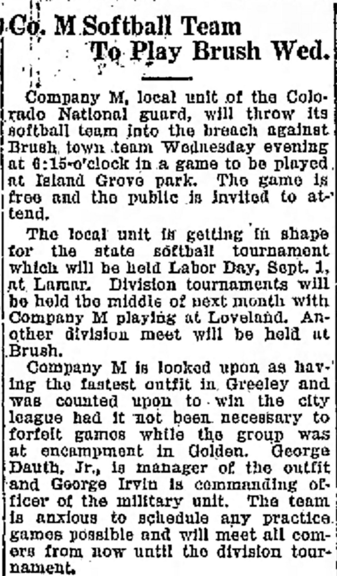 Dauth Family Archive - 1930-07-15 - Greeley Daily Tribune - June Dauth Managing Company M Softball Team