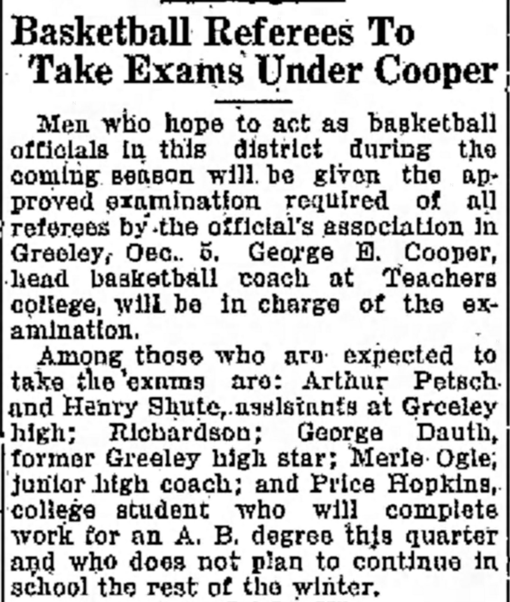 Dauth Family Archive - 1930-11-20 - Greeley Daily Tribune - June Dauth To Become Basketball Referee