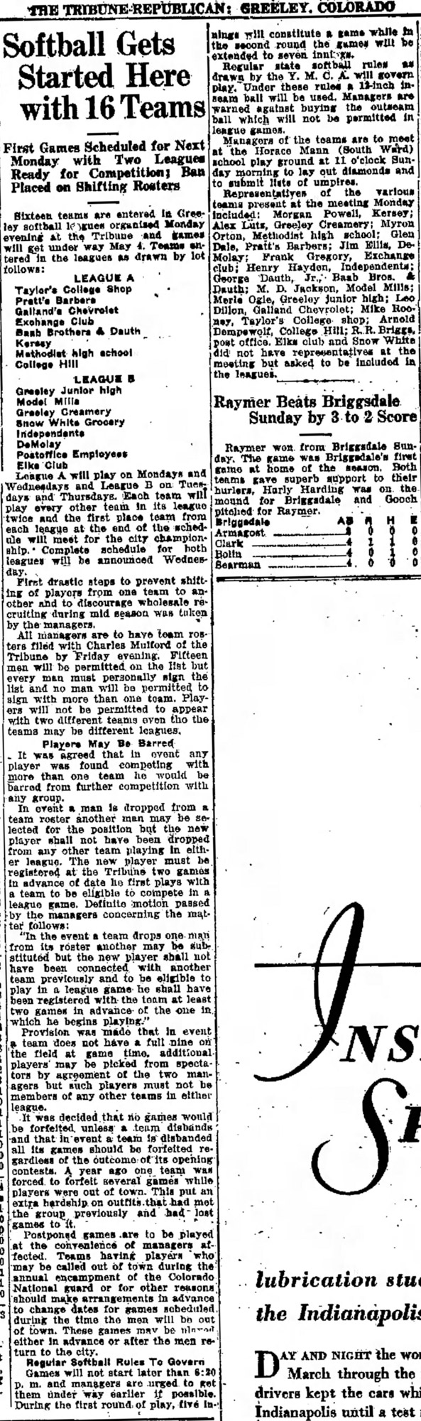 Dauth Family Archive - 1931-04-28 - Greeley Daily Tribune - June Dauth Managing Baab Brothers and Dauth Softball Team