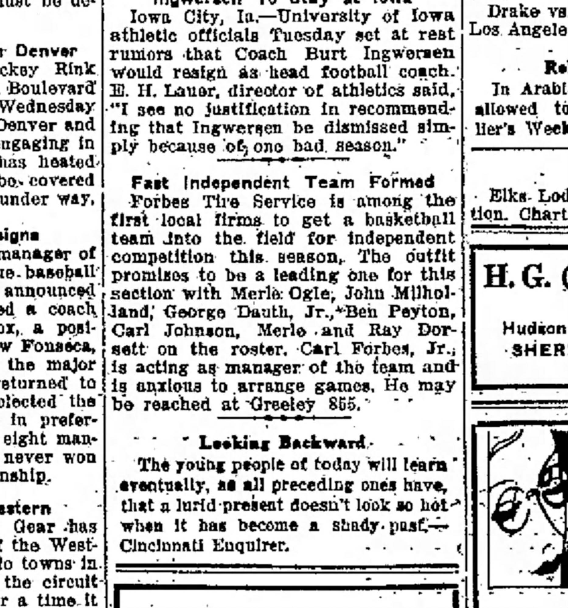 Dauth Family Archive - 1931-12-02 - Greeley Daily Tribune - June Dauth On Forbes Basketball Team