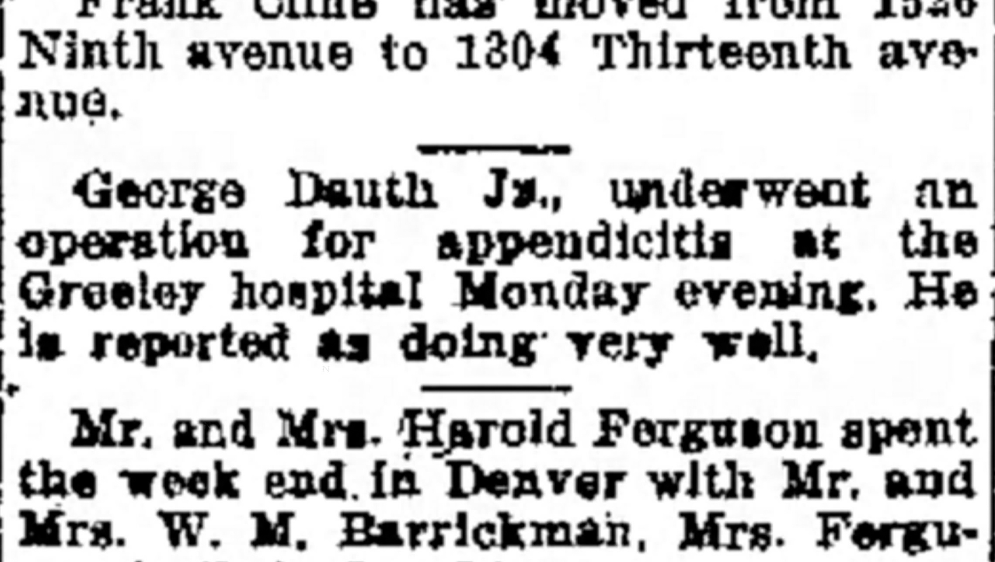 Dauth Family Archive - 1932-04-20 - Greeley Daily Tribune - June Dauth has Appendicitis Surgery
