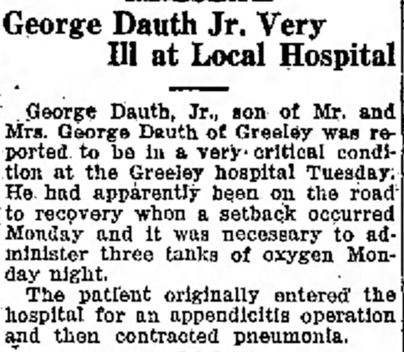 Dauth Family Archive - 1932-05-03 - Greeley Daily Tribune - June Dauth Very Ill