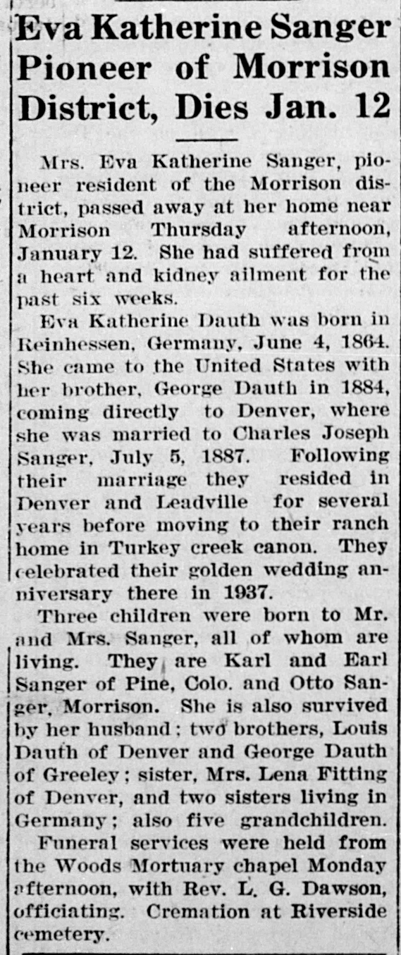 Dauth Family Archive - 1939-01-19 - The Colorado Transcript - Katherine Dauth Obituary