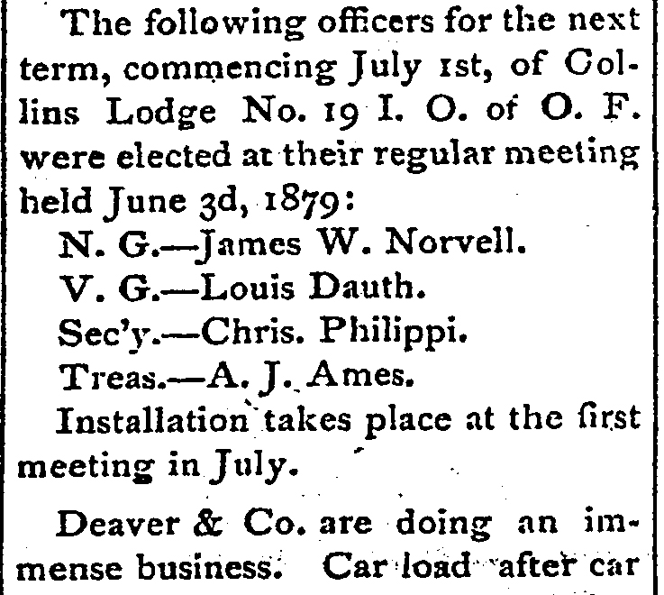 Dauth Family Archive - 1879-06-05 - Fort Collins Courier - Louis Dauth IOOF Vice Grand