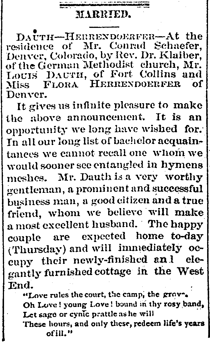 Dauth Family Archive - 1879-12-11 - Fort Collins Courier - Louis Dauth Marriage To Flora Herrendoerfer