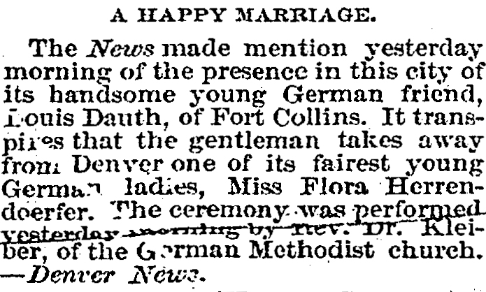 Dauth Family Archive - 1879-12-18 - Fort Collins Courier - Louis Dauth Herrendoerfer Marriage