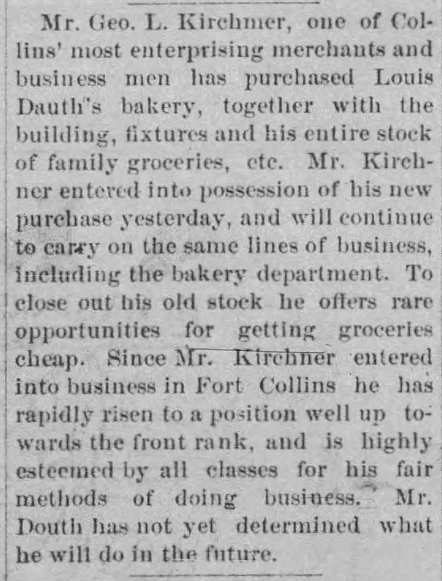 Dauth Family Archive - 1881-02-17 - The Fort Collins Courier - Louis Dauth Sells Bakery