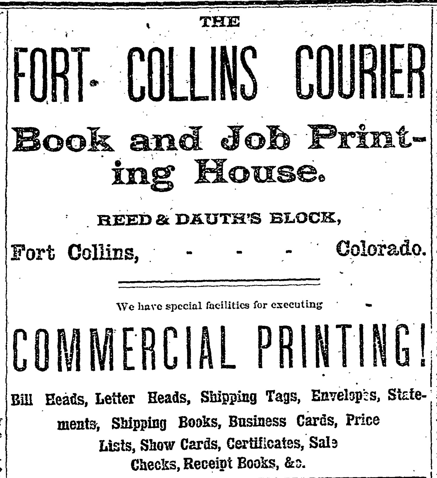 Dauth Family Archive - 1881-12-22 - Fort Collins Courier - Fort Collins Courier Reed-Dauth Block Tenet