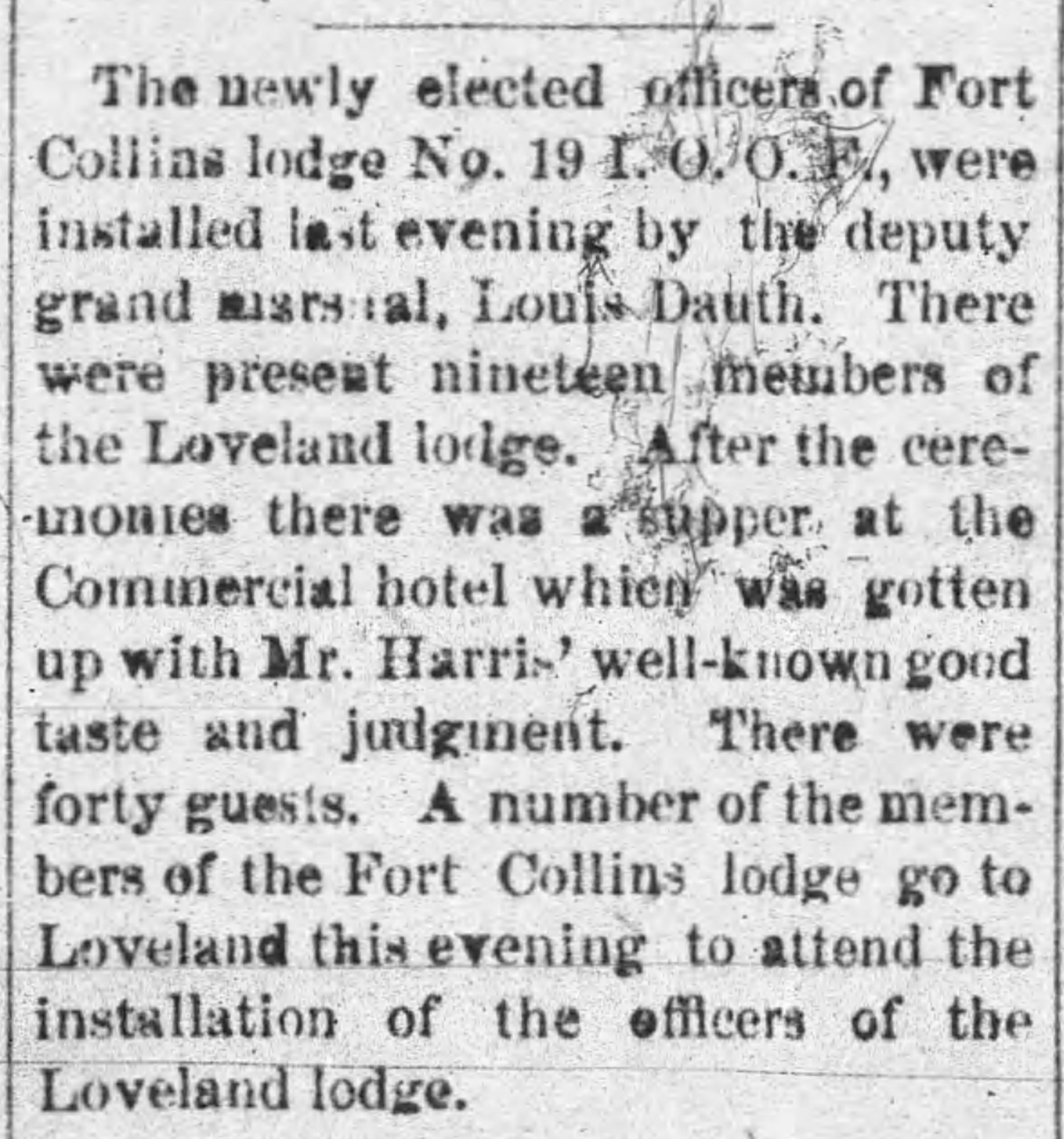 Dauth Family Archive - 1882-01-05 - The Fort Collins Express - Louis Dauth Deputy Grand Master