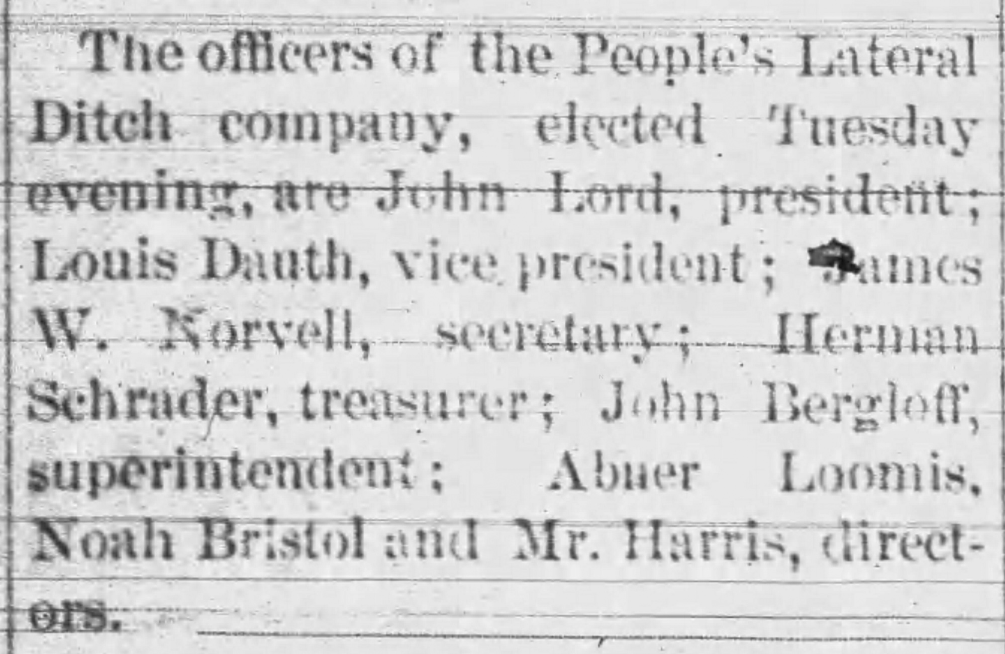 Dauth Family Archive - 1882-04-08 - The Daily Express - Louis Dauth Vice President of Peoples Lateral Ditch Company