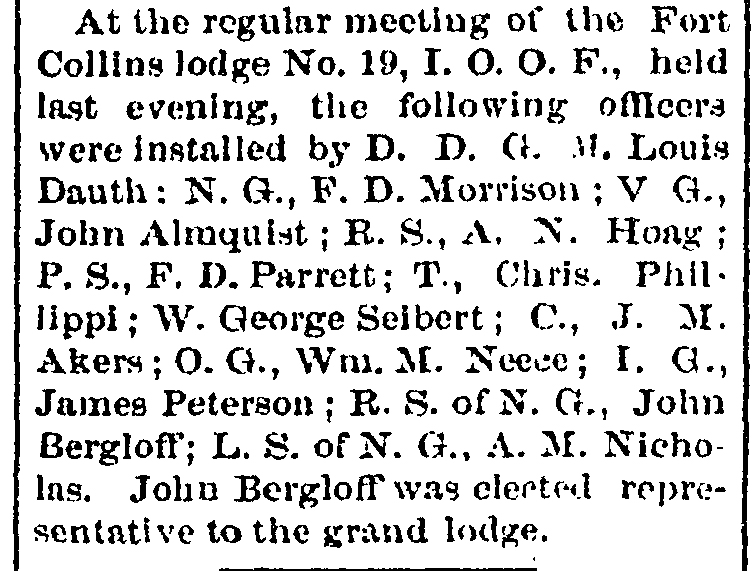 Dauth Family Archive - 1882-07-13 - Fort Collins Courier - Louis Dauth Deputy Grand Master of IOOF