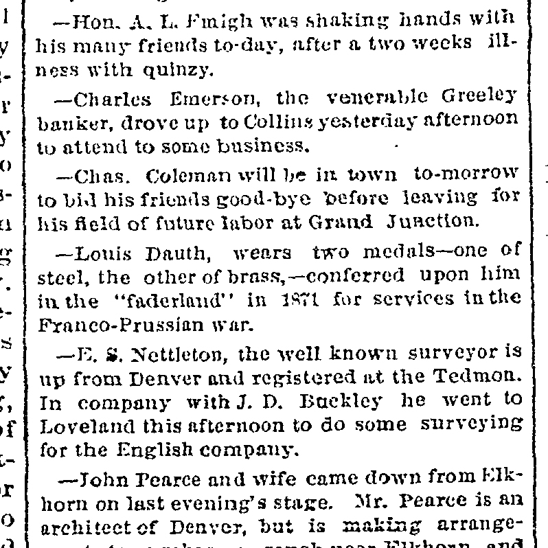 Dauth Family Archive - 1883-03-15 - Fort Collins Courier - Louis Dauth Wearing War Medals