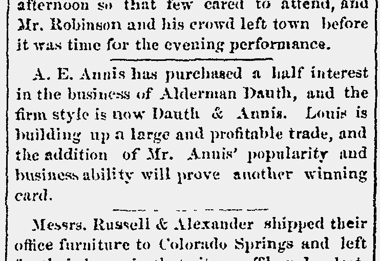 Dauth Family Archive - 1883-06-21 - Fort Collins Courier - Louis Dauth Partners With A. E